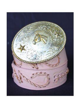 Nocona silver tone western rodeo horse buckle pink leather tooled belt braided S